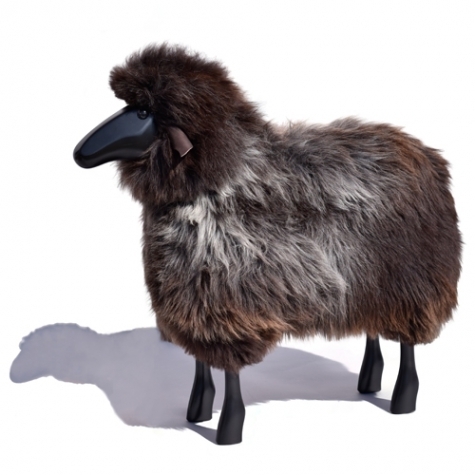 Life-size sheep, black wood, gray-brown fur